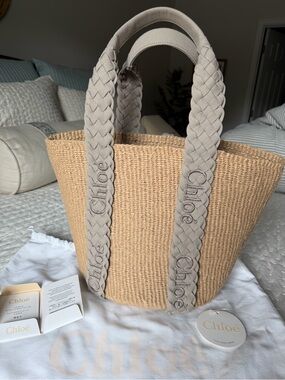 Chloe Woody Basket Canvas Braided Straw grey